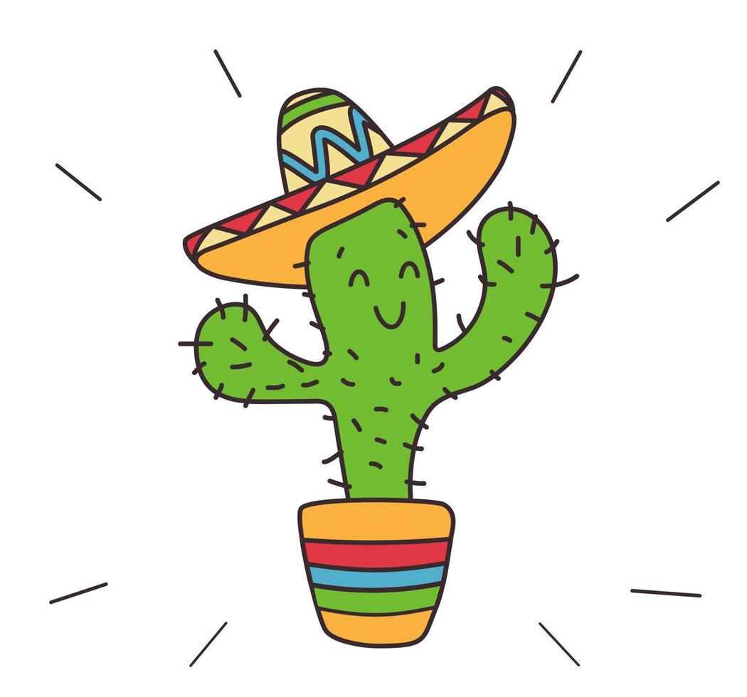 cactus mignon mexicain avec sombrero. style doodle, couleurs vives vecteur