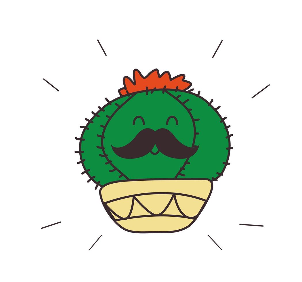 cactus mignon mexicain avec moustache. style doodle, couleurs vives vecteur