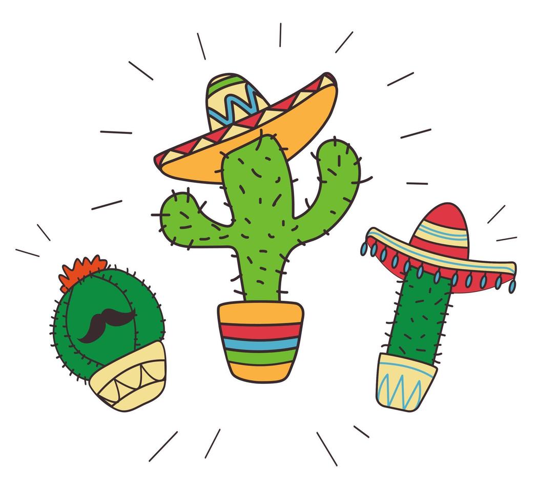 cactus mignon mexicain avec moustache et sombrero. style doodle, couleurs vives vecteur