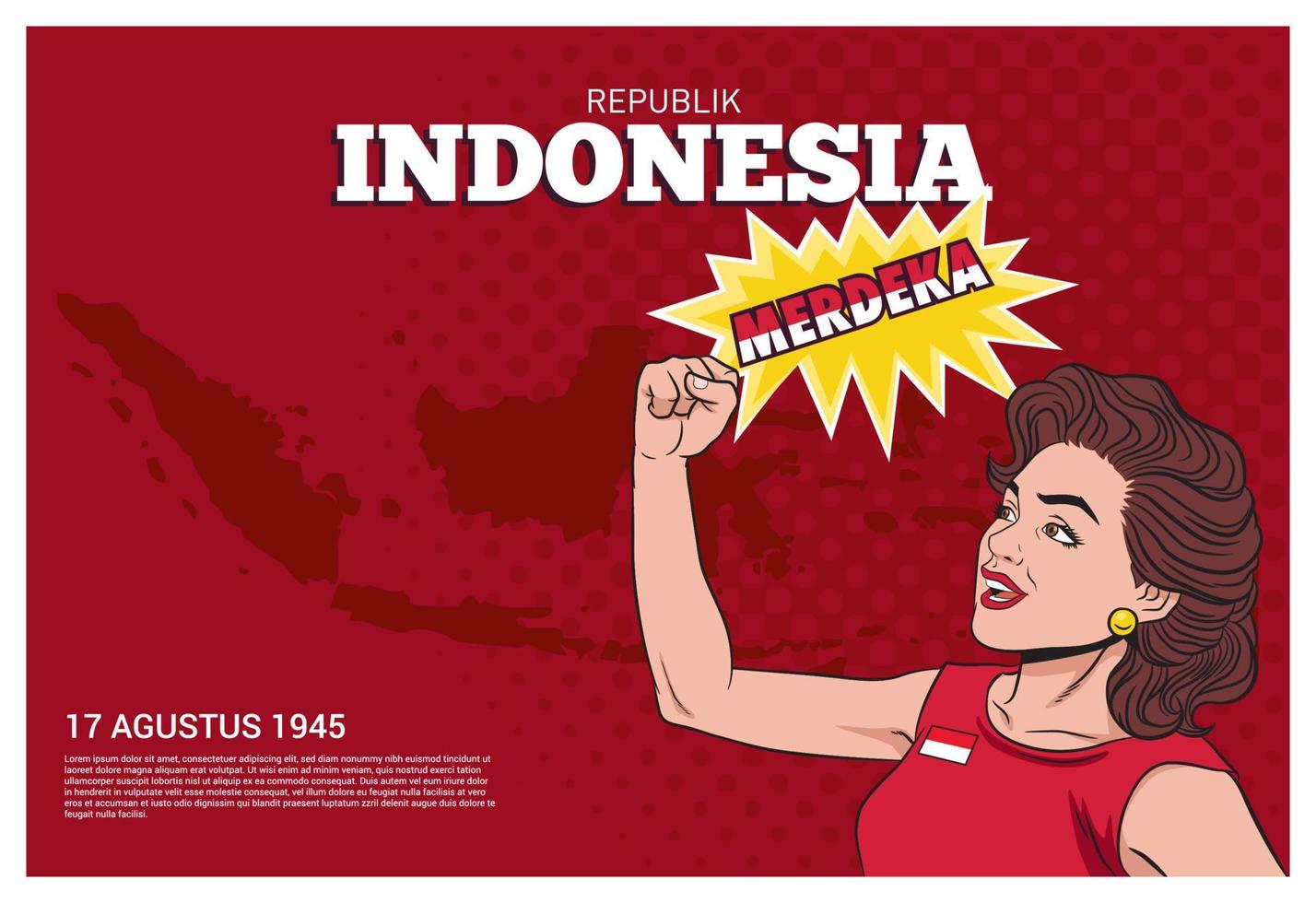 une femme rétro pop art heureuse serra les mains et cria merdeka. stock de vecteur du jour de l'indépendance de l'indonésie.