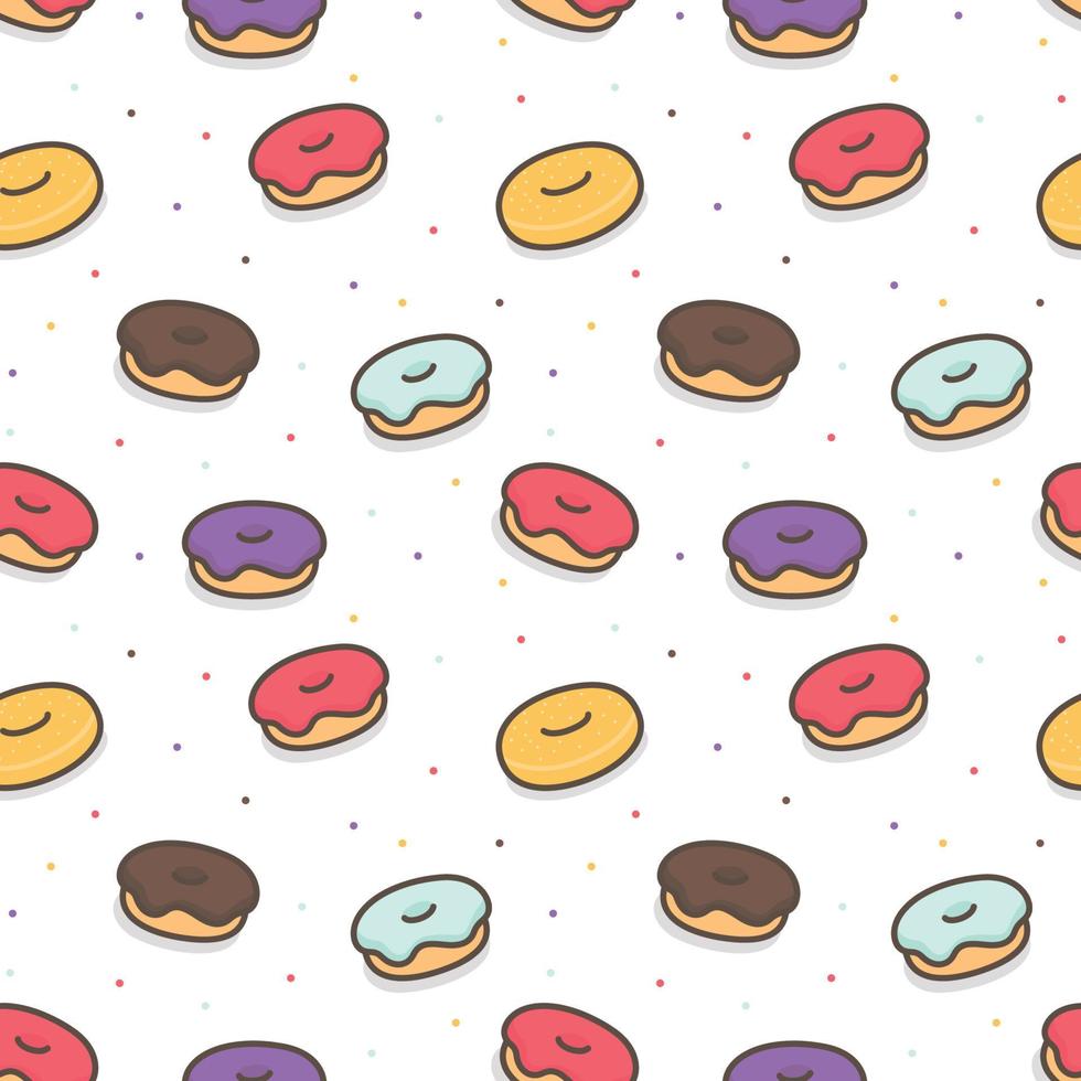 beignets colorés saupoudrés de sucre modèle sans couture emballage cadeau papier peint fond kawaii doodle illustration vectorielle de dessin animé plat vecteur