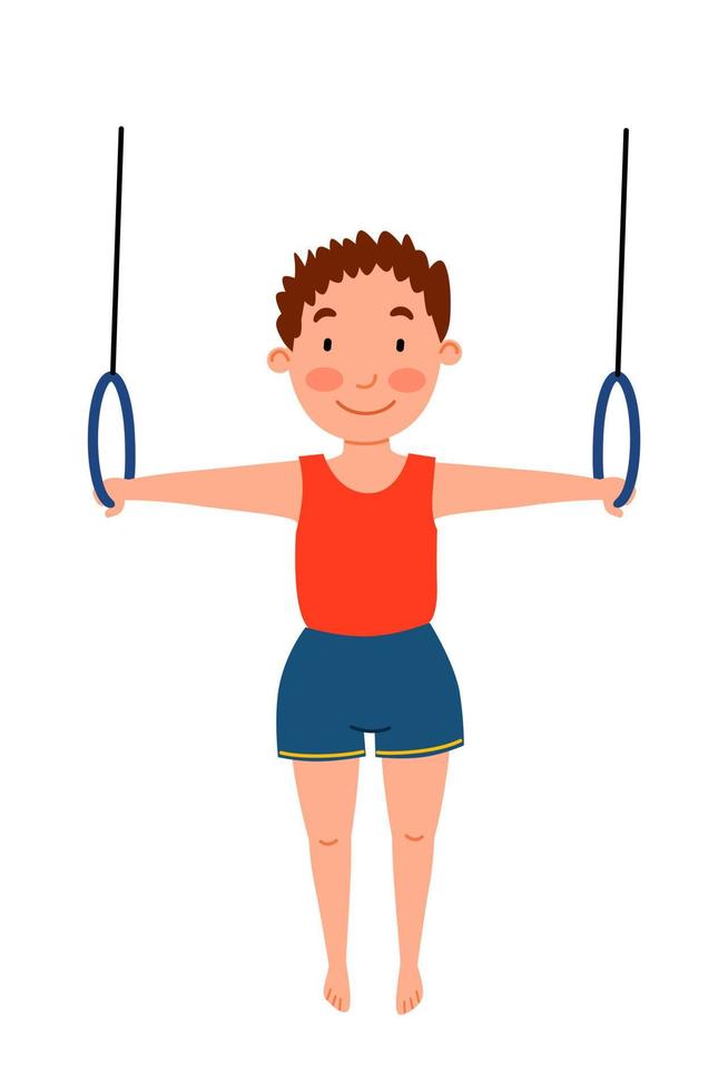 gymnastique sportive pour enfants. exercice sur les anneaux. le garçon est engagé dans des acrobaties. vecteur