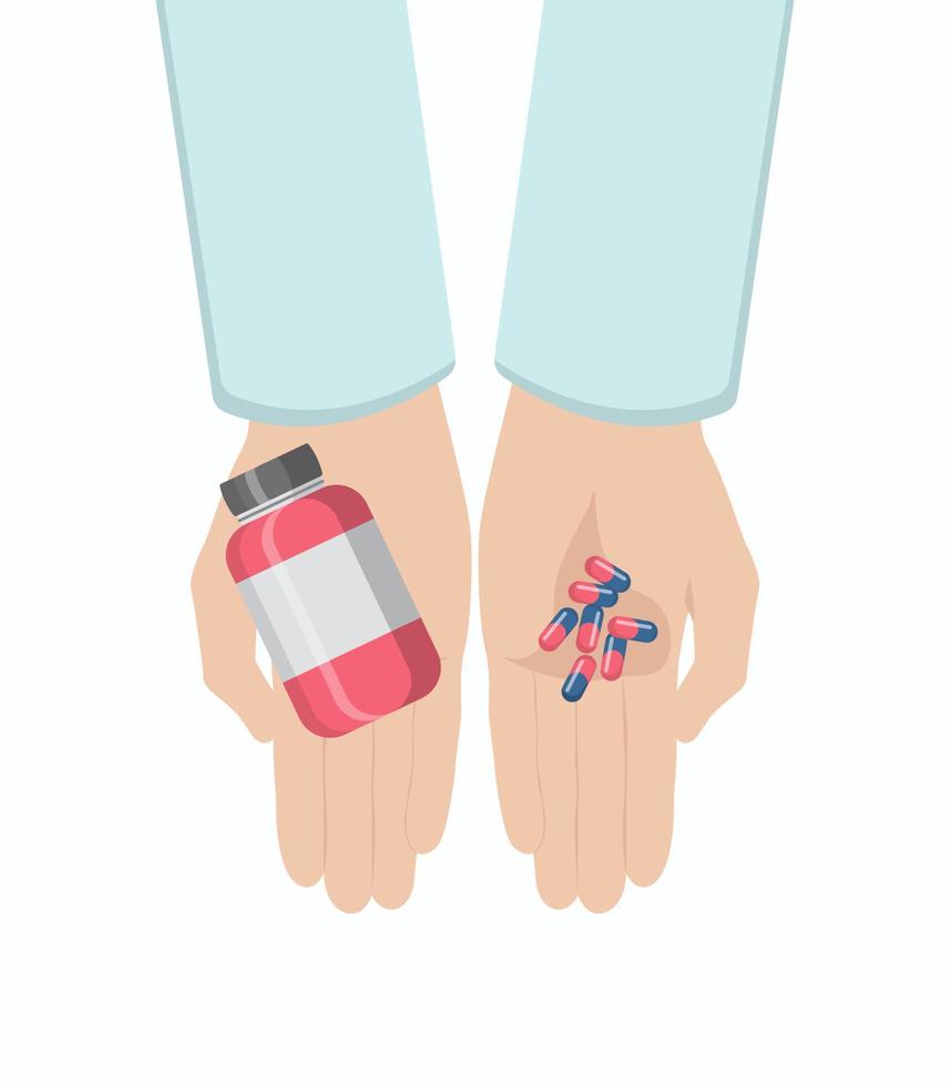 mains avec des pilules et une bouteille. notion de soins de santé. vecteur