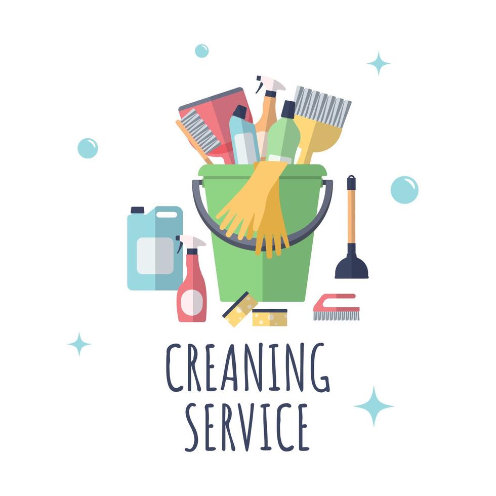 concept de service de nettoyage. modèle d'affiche pour les services de nettoyage de maison avec des outils de nettoyage. vecteur