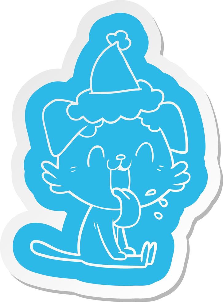 autocollant de dessin animé d'un chien haletant portant un bonnet de noel vecteur