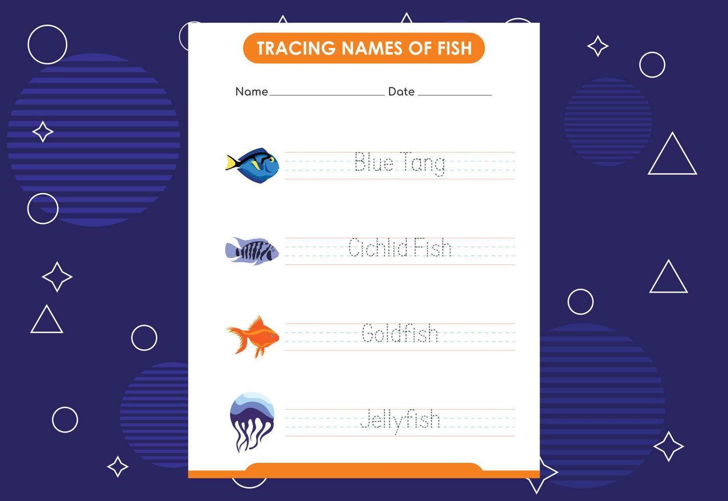tracer les noms des poissons. pratique de l'écriture manuscrite pour les enfants d'âge préscolaire vecteur