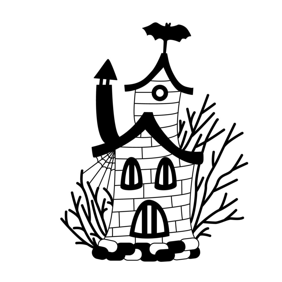 maison effrayante entourée d'arbres nus. illustration vectorielle dessinée à la main. couleur noire. idéal pour la conception d'halloween vecteur