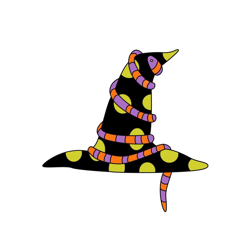 chapeau de sorcière à pois orné d'un serpent. illustration vectorielle. idéal pour la conception d'halloween vecteur