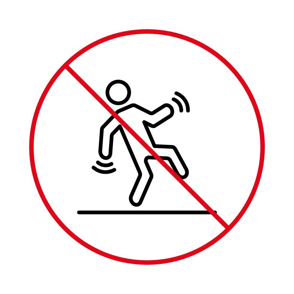 attention danger pictogramme de surface humide. avertissement risque de chute. signe d'avertissement icône de contour noir sol glissant. les gens se méfient du symbole de ligne de cercle d'arrêt rouge accident. illustration vectorielle isolée. vecteur