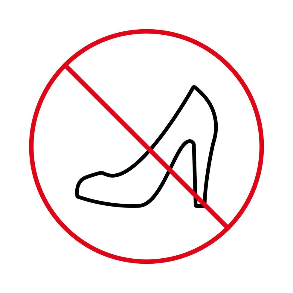 pictogramme de chaussures élégantes femme interdite. aucun signe de chaussures pour femmes à talons hauts autorisé. interdire le symbole d'arrêt de contour de stylet classique. interdire l'icône de la ligne noire des paires de chaussures pour femmes. illustration vectorielle isolée. vecteur