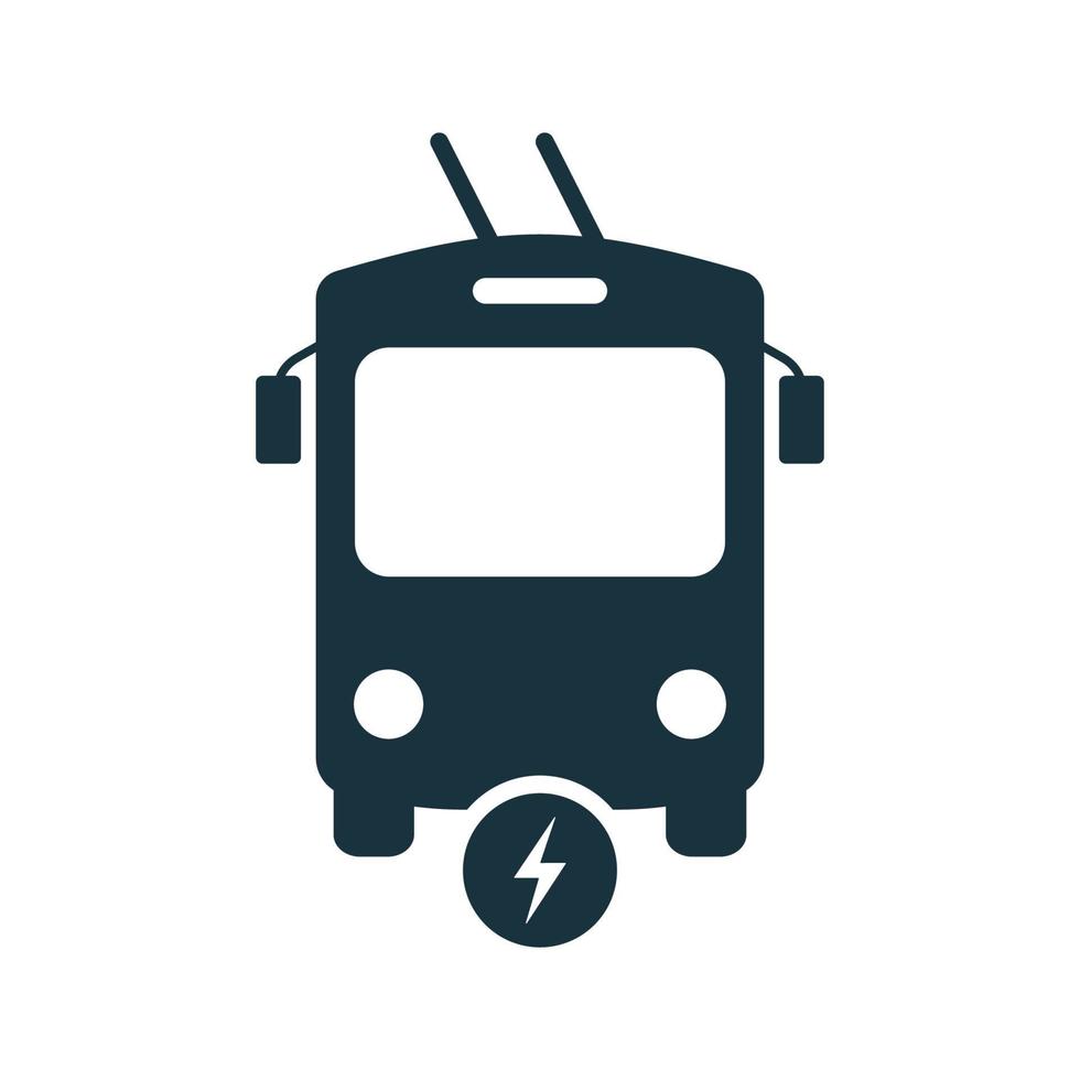 eco trolleybus en vue de face silhouette icône noire. pictogramme de glyphe de trolleybus électrique. panneau d'arrêt pour l'icône de transport électrique de la ville écologique. illustration vectorielle isolée. vecteur