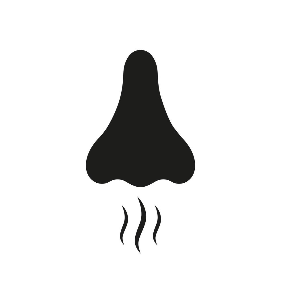 icône de silhouette noire d'odeur humaine de nez. pictogramme de glyphe de reniflement d'odeur nasale. symbole plat de souffle d'air mauvais arôme. signe d'odeur de parfum de sens de perte de nez sur le fond blanc. illustration vectorielle isolée. vecteur