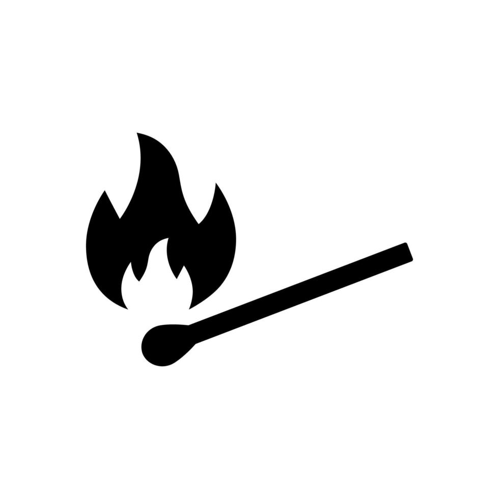 Icône de silhouette noire d'étincelle de brûlure de bâton d'allumette. pictogramme de glyphe d'allumeur de flamme de chaleur d'allumette. symbole plat de feu de bâton d'allumette de danger en bois. feu de joie avec des allumettes. illustration vectorielle isolée. vecteur