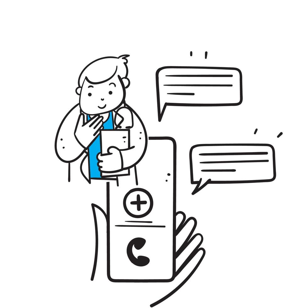 vecteur d'illustration de service médical médecin en ligne doodle dessiné à la main