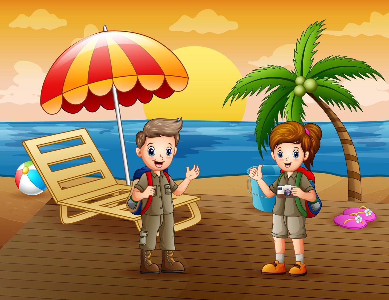 illustration de dessin animé de deux adolescents explorent sur la plage vecteur