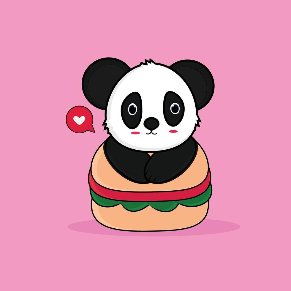 panda mignon avec illustration d'icône de vecteur de dessin animé de burger. concept d'icône d'aliments pour animaux isolé vecteur premium. style de dessin animé plat
