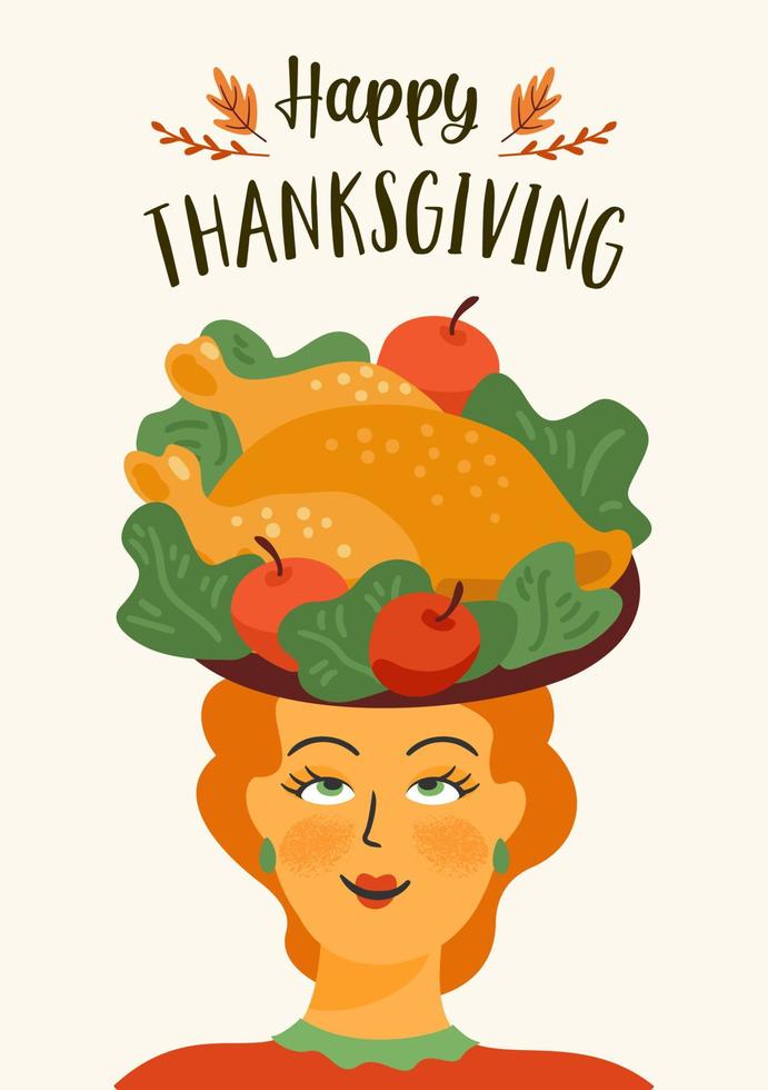 illustration de joyeux thanksgiving. jolie dame avec dinde sur la tête. conception de vecteur pour carte, affiche, dépliant, web et autre utilisation