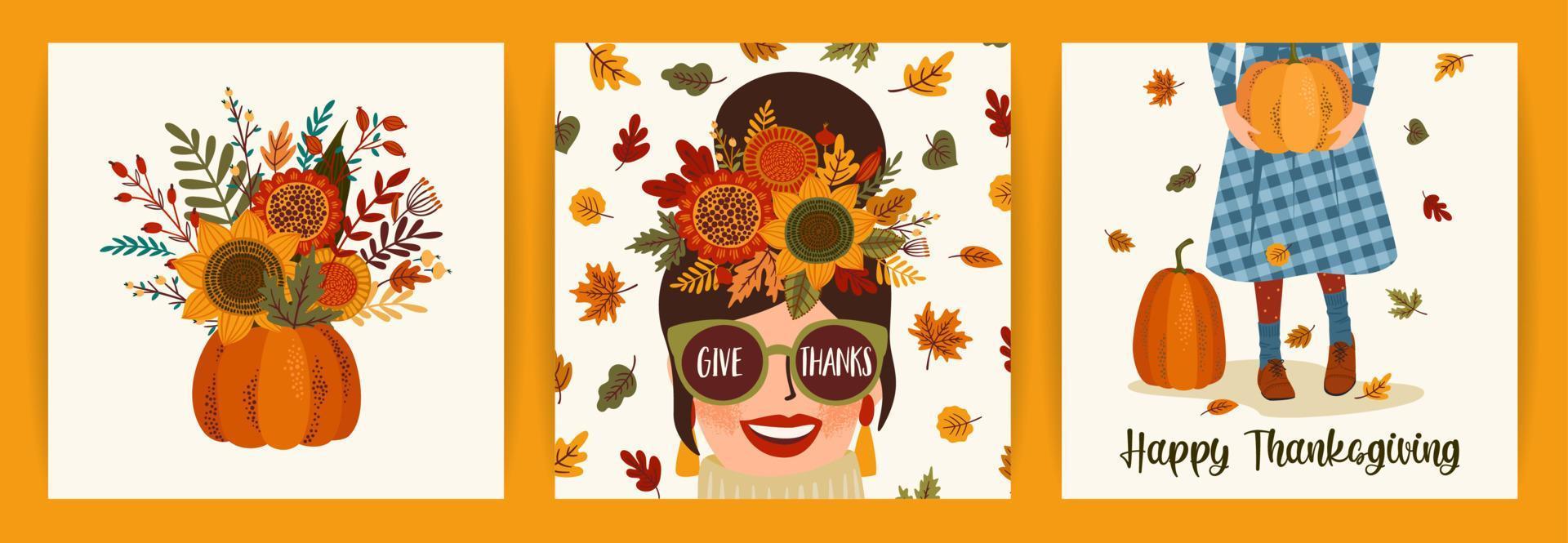 illustrations de joyeux thanksgiving. ensemble de dessins vectoriels pour cartes, affiches, dépliants, web et autres utilisations vecteur