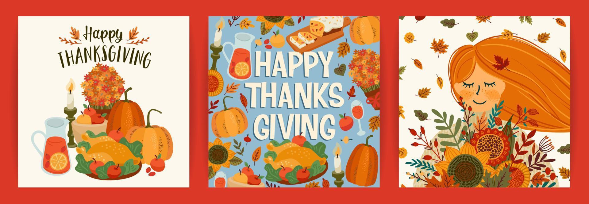 illustrations de joyeux thanksgiving. ensemble de dessins vectoriels pour cartes, affiches, dépliants, web et autres utilisations vecteur