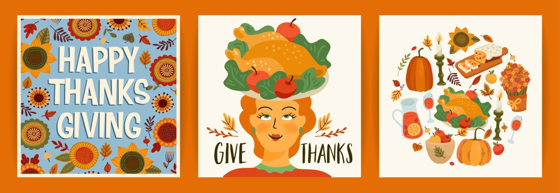 illustrations de joyeux thanksgiving. ensemble de dessins vectoriels pour cartes, affiches, dépliants, web et autres utilisations vecteur