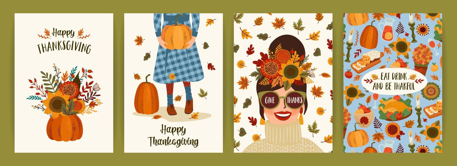 illustrations de joyeux thanksgiving. ensemble de dessins vectoriels pour cartes, affiches, dépliants, web et autres utilisations vecteur