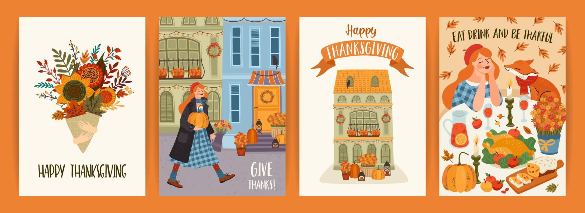 illustrations de joyeux thanksgiving. ensemble de dessins vectoriels pour cartes, affiches, dépliants, web et autres utilisations vecteur