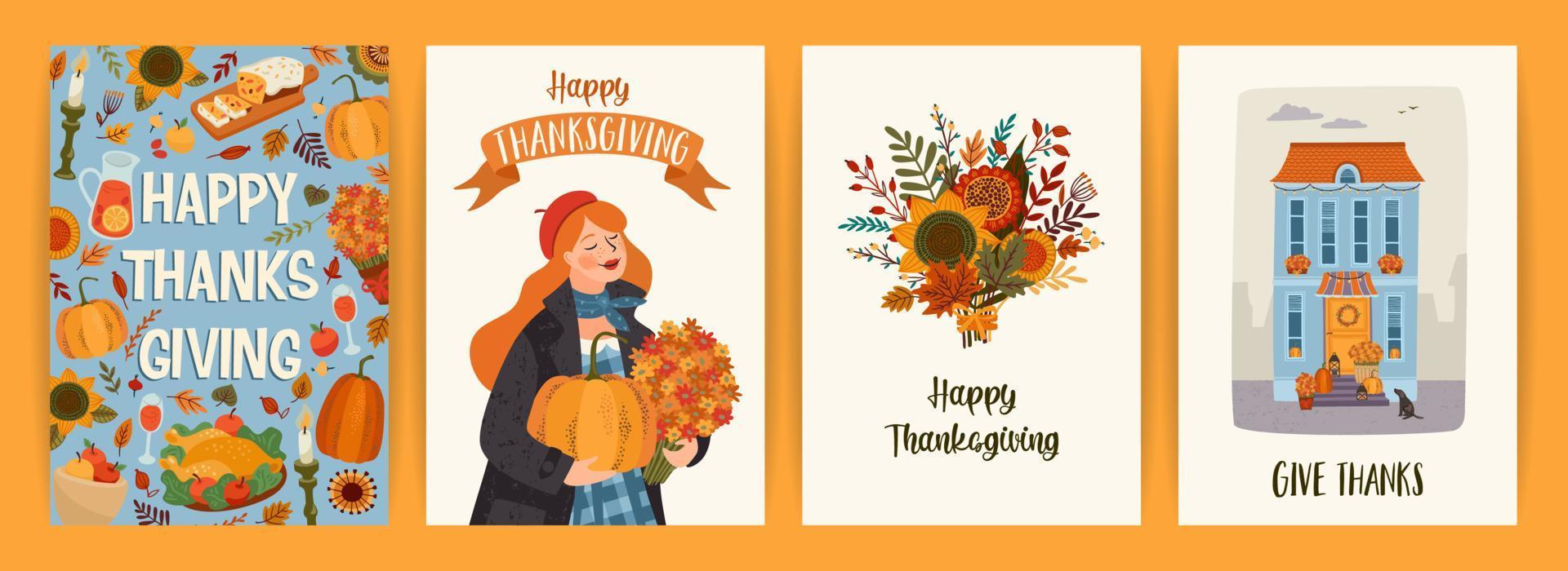 illustrations de joyeux thanksgiving. ensemble de dessins vectoriels pour cartes, affiches, dépliants, web et autres utilisations vecteur