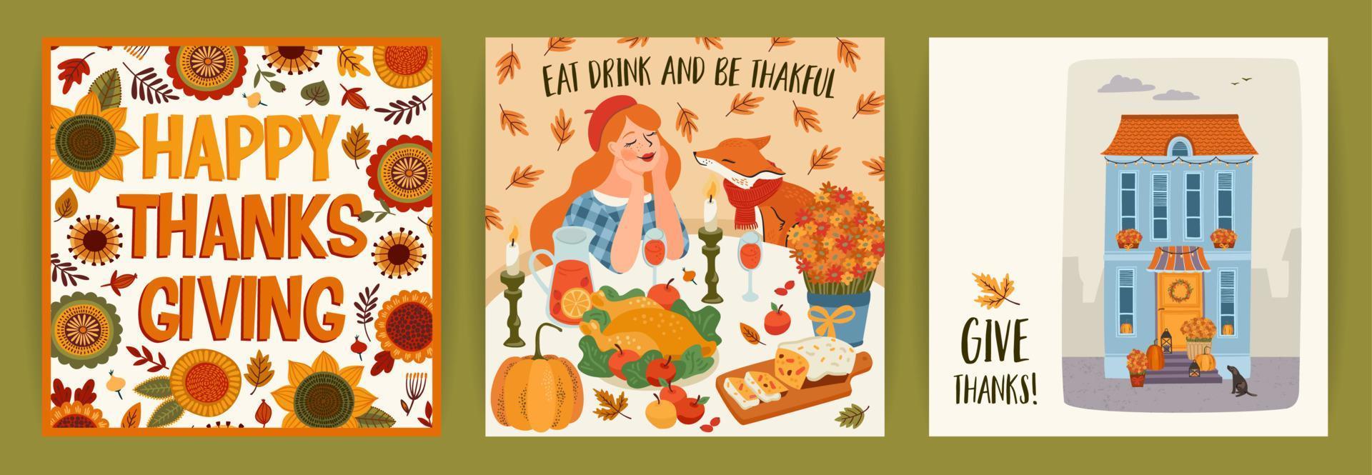 illustrations de joyeux thanksgiving. ensemble de dessins vectoriels pour cartes, affiches, dépliants, web et autres utilisations vecteur