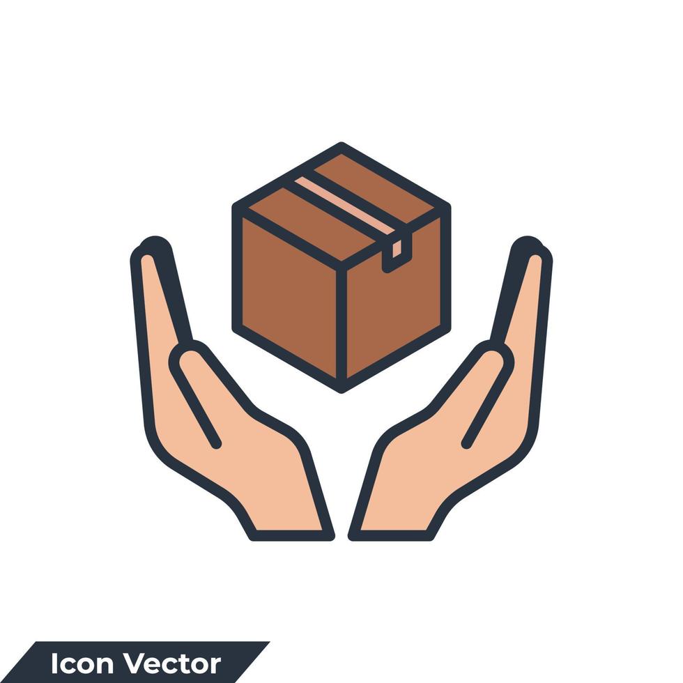 icône de produit logo illustration vectorielle. mains d'étiquette logistique tenant un modèle de symbole de boîte pour la collection de conception graphique et web vecteur