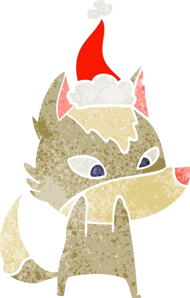 caricature rétro timide d'un loup portant un bonnet de noel vecteur