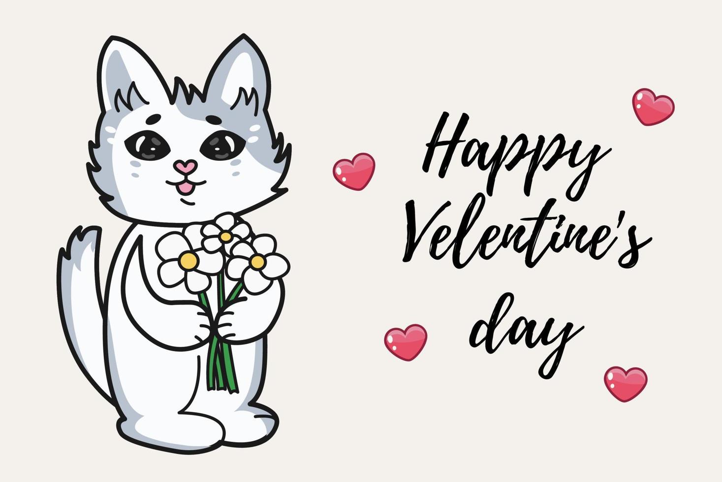 joli chat gris drôle tenant un bouquet de fleurs dans ses mains. Joyeuse saint Valentin. vecteur