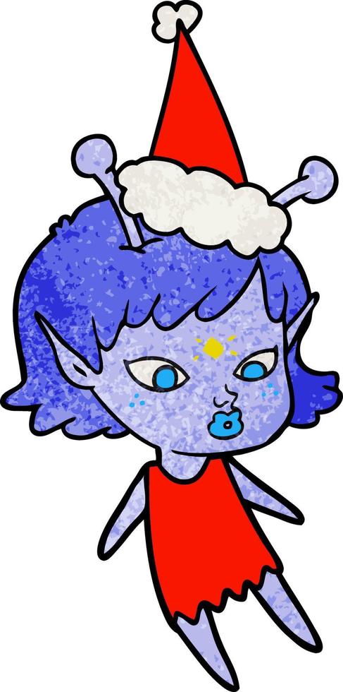 joli dessin animé texturé d'une fille extraterrestre portant un bonnet de noel vecteur