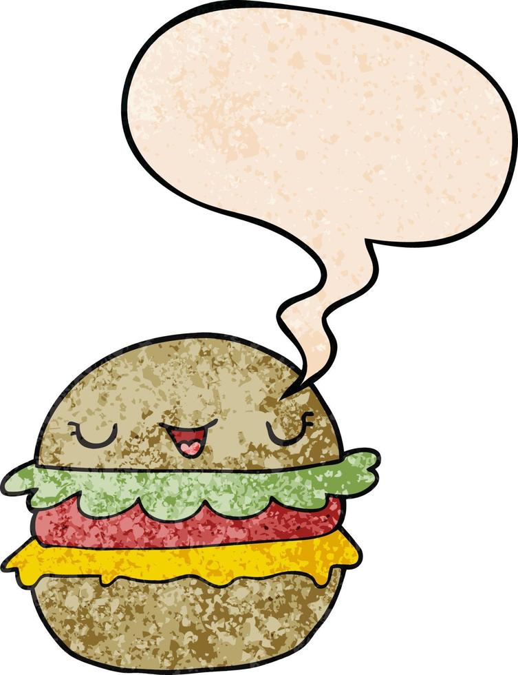 burger de dessin animé et bulle de dialogue dans un style de texture rétro vecteur