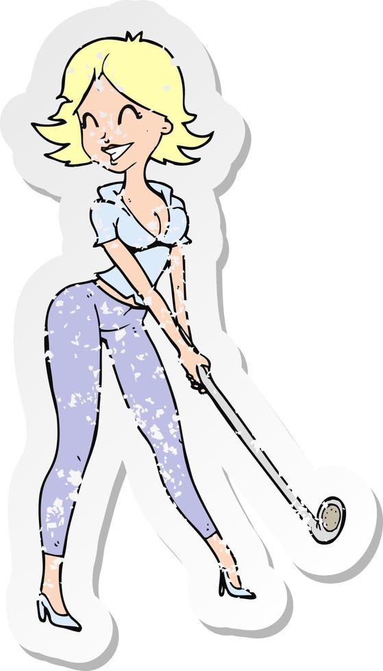 autocollant rétro en détresse d'une femme de bande dessinée jouant au golf vecteur