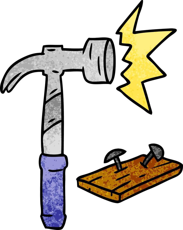 doodle dessin animé texturé d'un marteau et de clous vecteur
