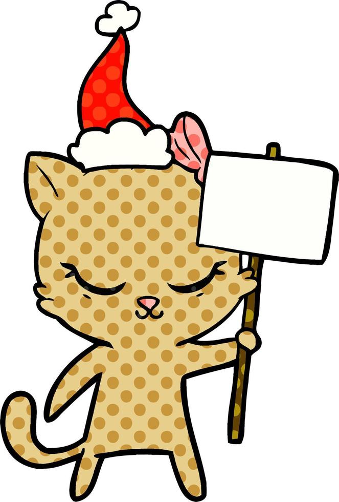 jolie illustration de style bande dessinée d'un chat avec un panneau portant un bonnet de noel vecteur