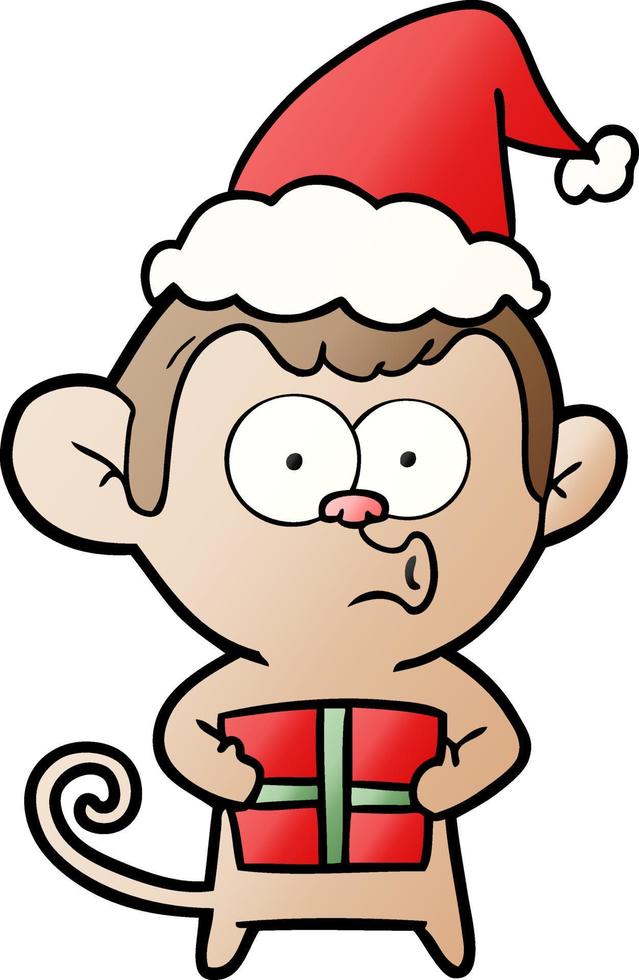 dessin animé dégradé d'un singe de noël portant un bonnet de noel vecteur