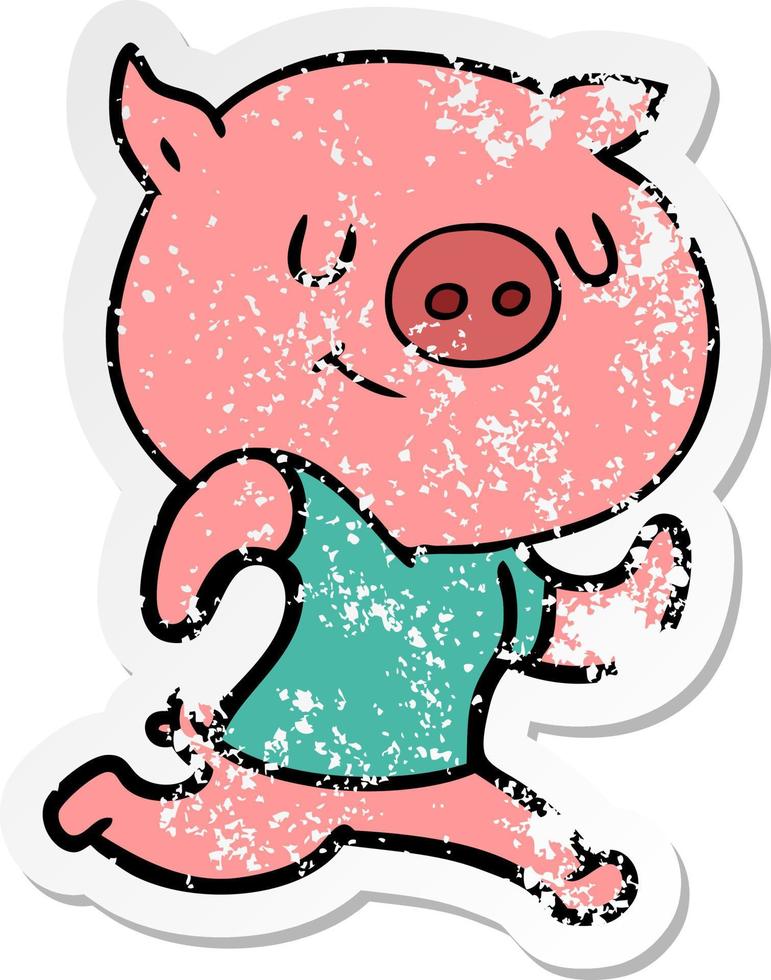 autocollant en détresse d'un cochon de dessin animé heureux en cours d'exécution vecteur
