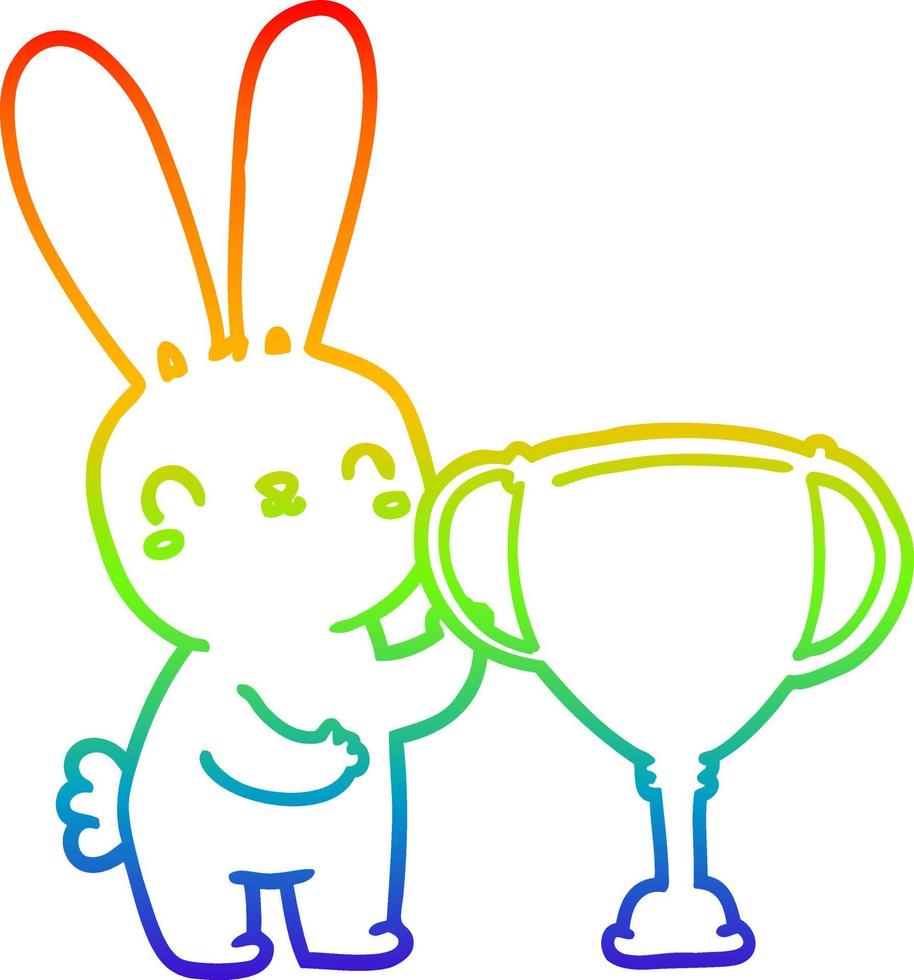 ligne de gradient arc-en-ciel dessinant un lapin de dessin animé mignon avec une coupe de trophée de sport vecteur