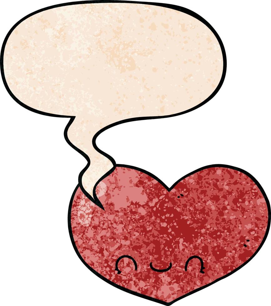 personnage de coeur d'amour de dessin animé et bulle de dialogue dans un style de texture rétro vecteur