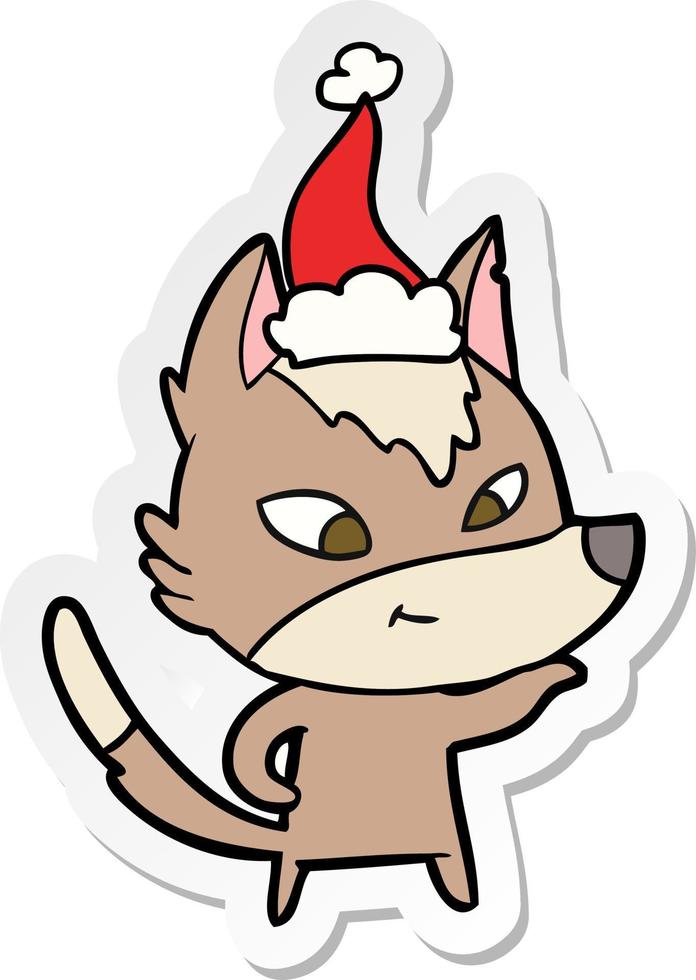 dessin animé autocollant amical d'un loup portant un bonnet de noel vecteur