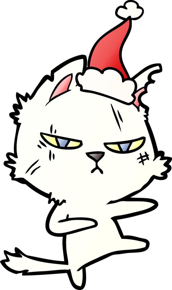 dessin animé dégradé difficile d'un chat portant un bonnet de noel vecteur