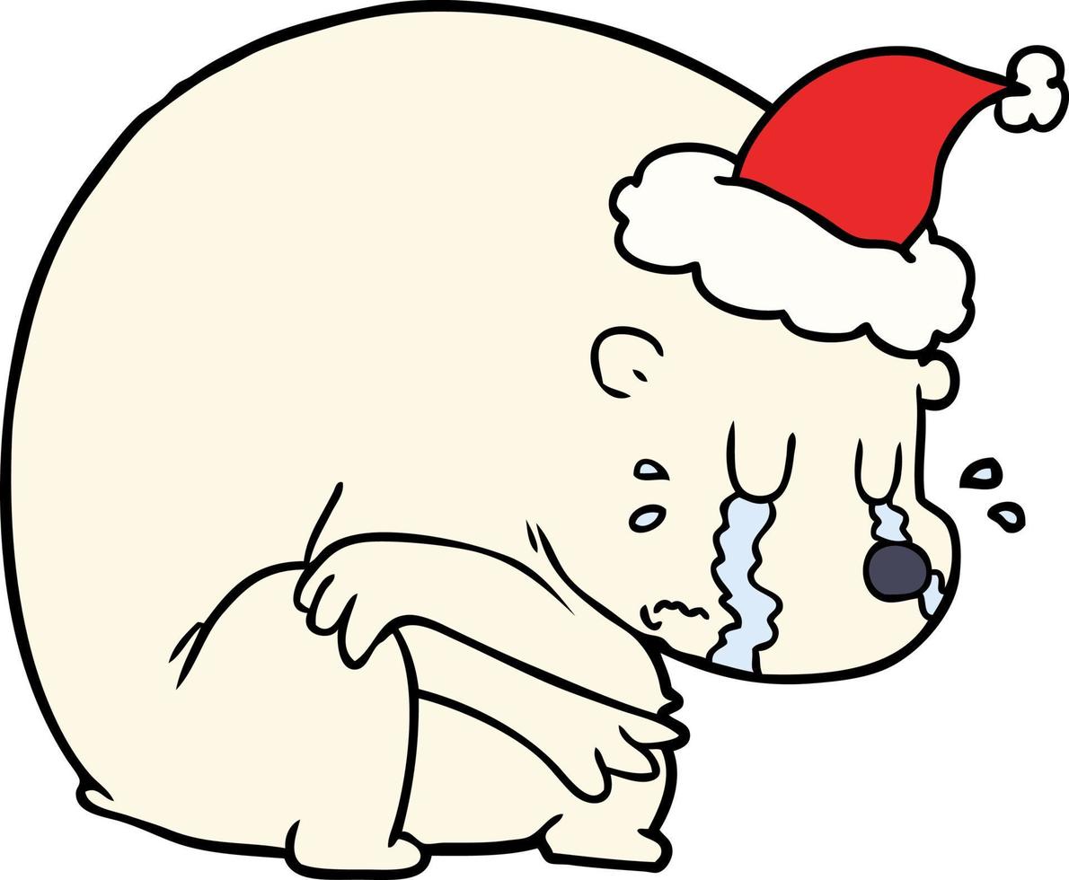 dessin au trait pleurant d'un ours polaire portant un bonnet de noel vecteur