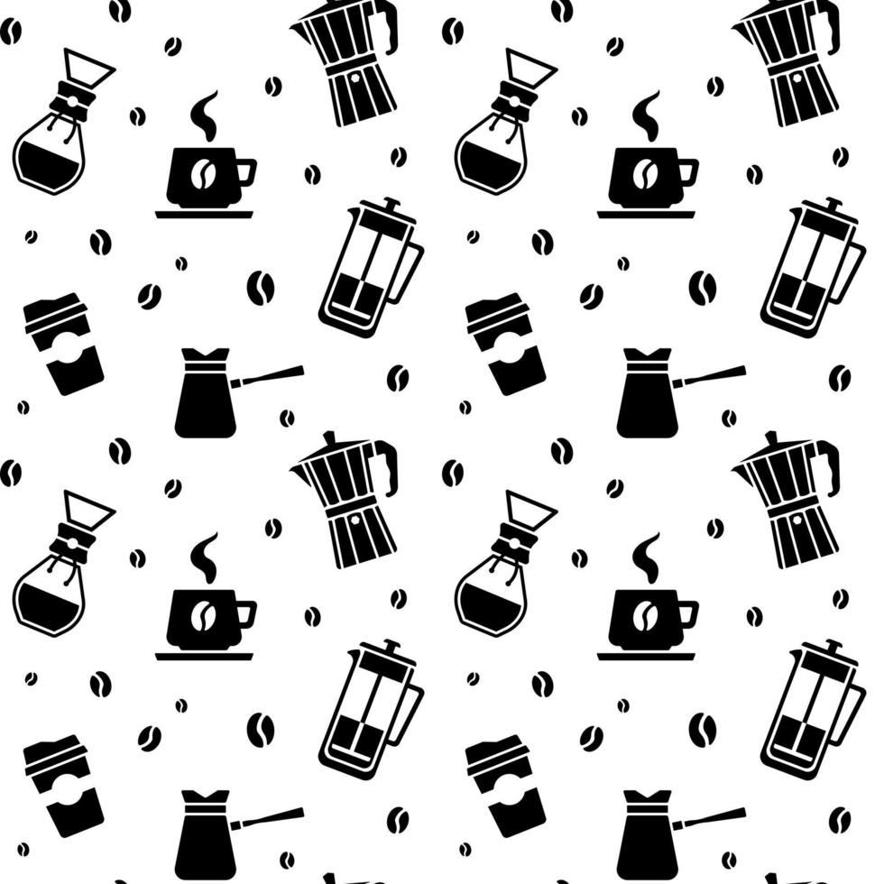 vecteur, noir blanc, seamless, modèle, tasse café, geyser, cafetière, grains café, presse française, kemex vecteur