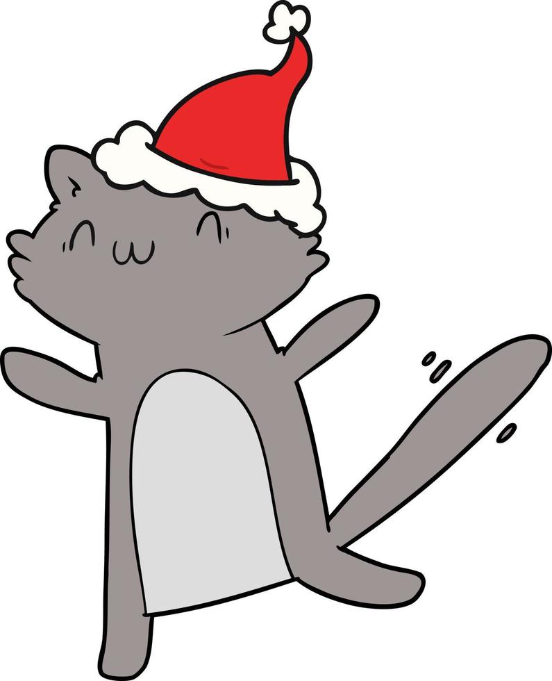 dessin au trait d'un chat dansant portant un bonnet de noel vecteur