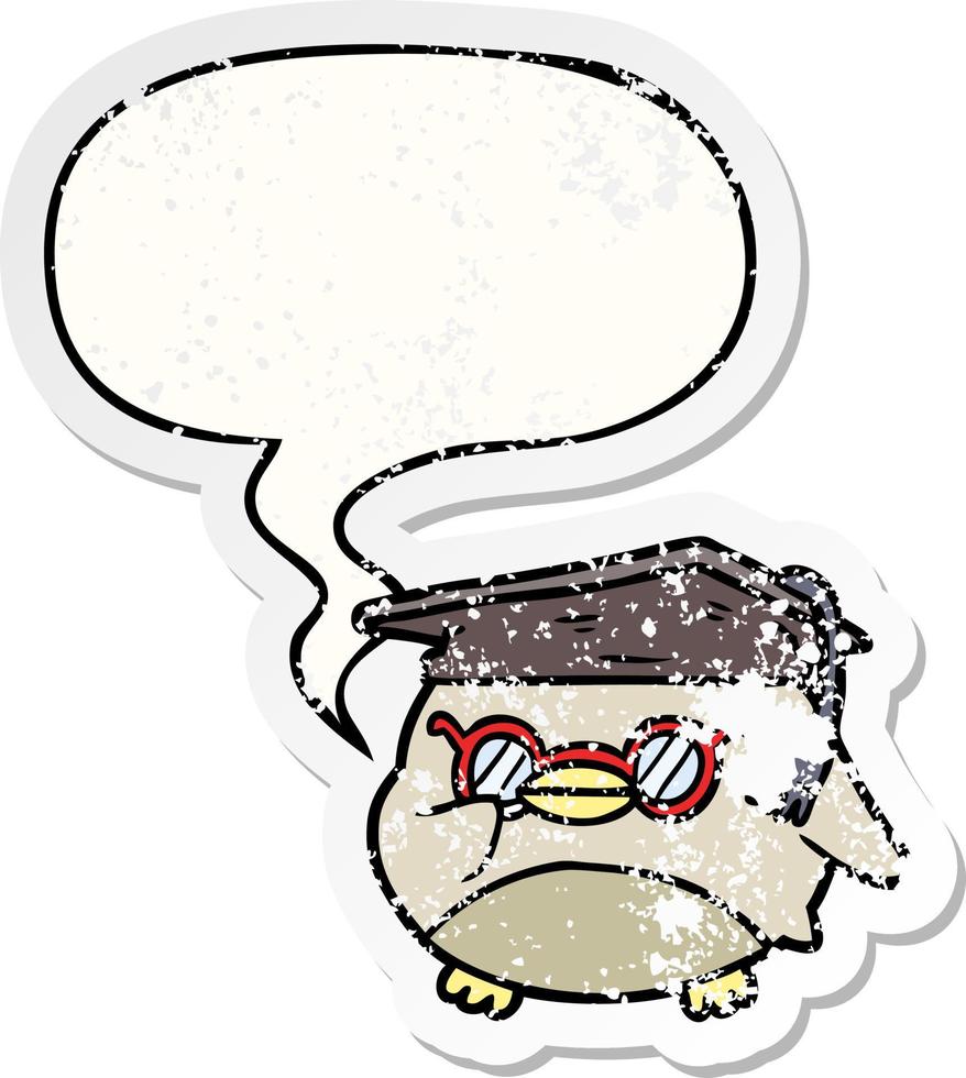 dessin animé intelligent vieux hibou et bulle de dialogue autocollant en détresse vecteur