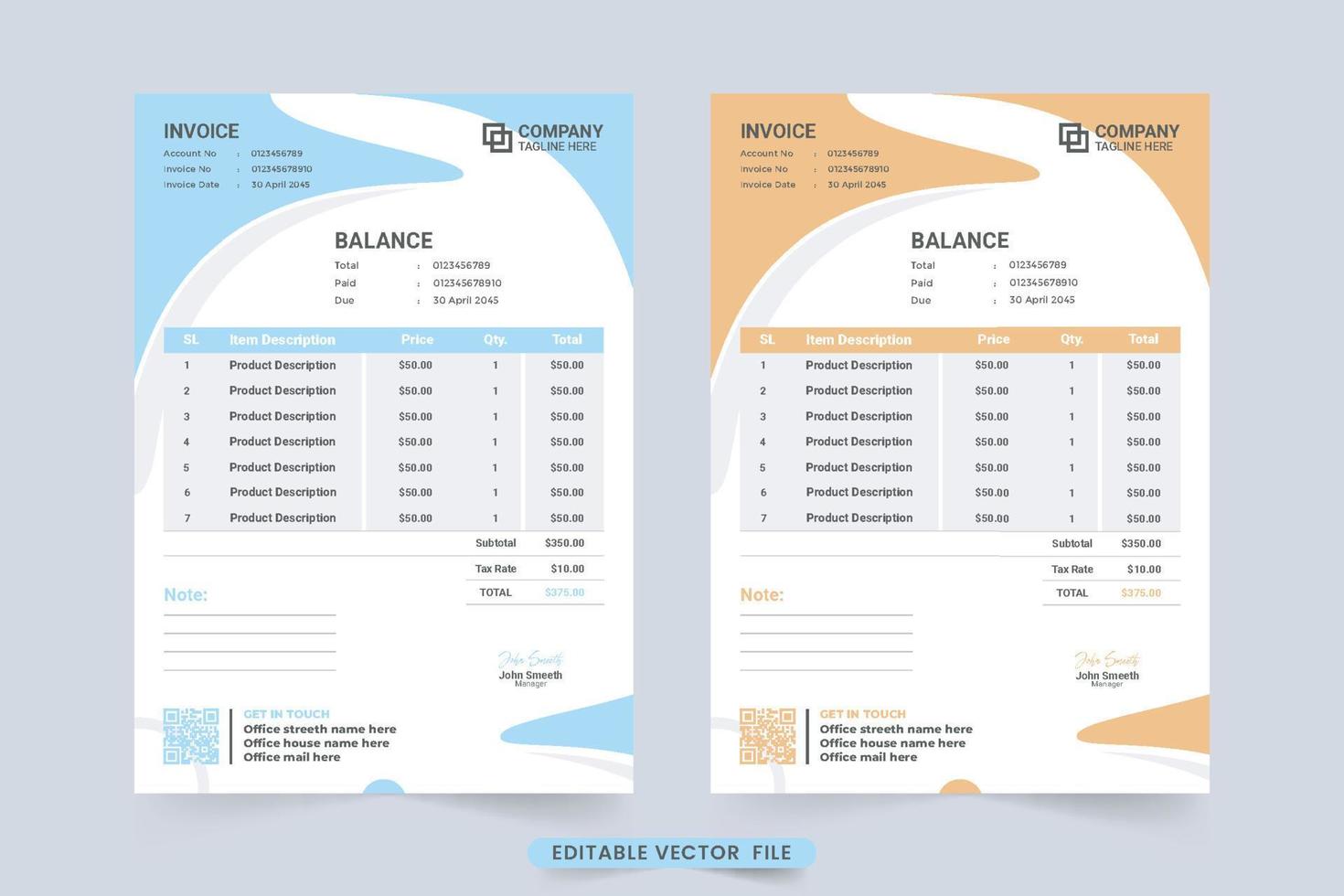 papeterie d'affaires et vecteur de mise en page de reçu de caisse avec des formes abstraites. modèle de facture commerciale numérique aux couleurs orange et bleu. accord de paiement et modèle de facture pour les entreprises.