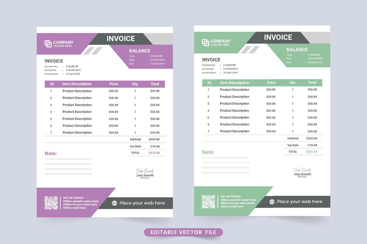 décoration de modèle de facture numérique de couleur violet et vert clair. modèle de facture commerciale avec informations d'achat de produit. modèle de facture créative et vecteur de reçu de prix.