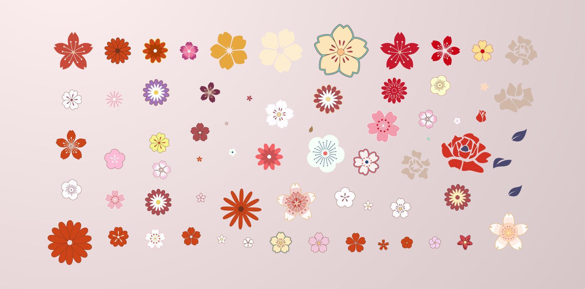 ensemble de fleurs de sakura en fleurs. roses et feuilles de butou. conception florale d'isolé sur fond blanc. illustration vectorielle sur fond isolé vecteur