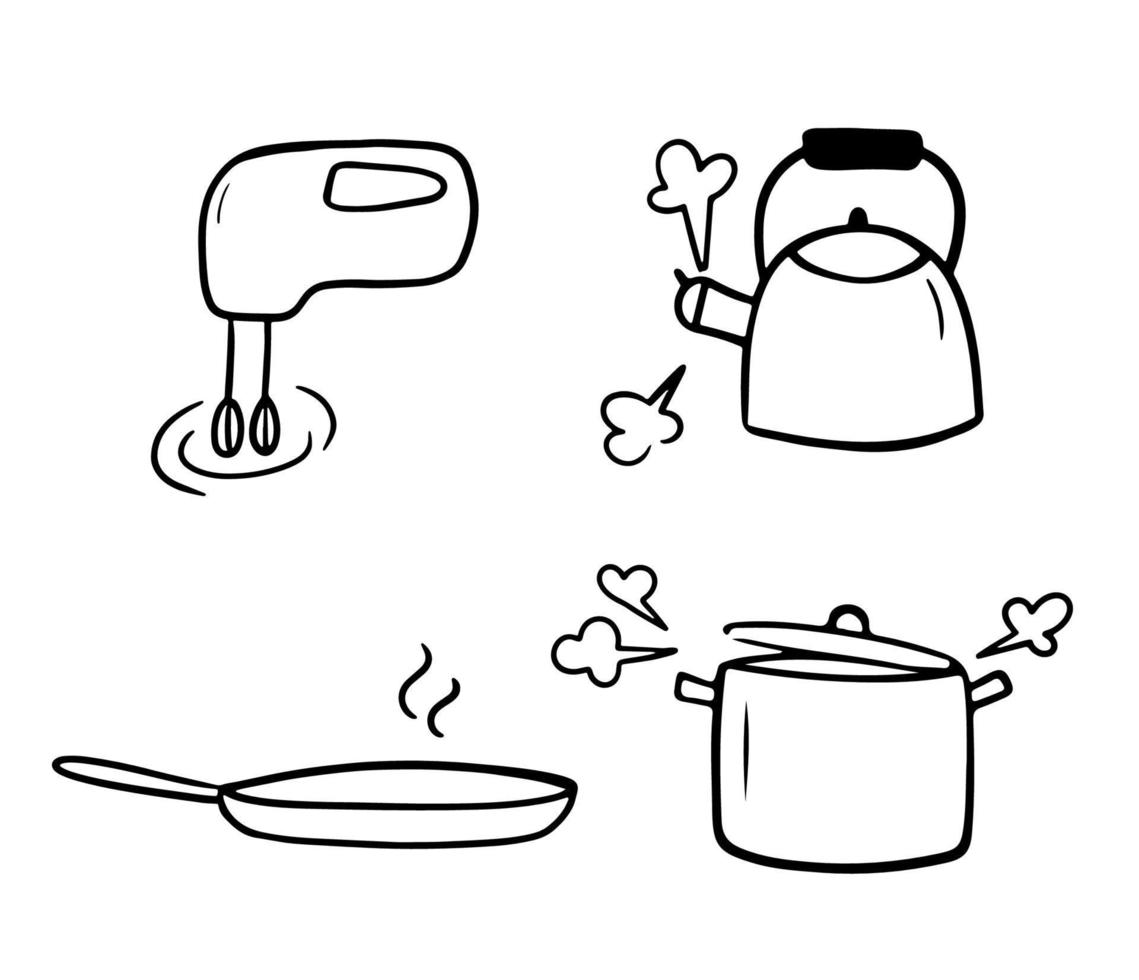 Doodle outil de cuisine mignon. illustration vectorielle de casserole. jeu d'icônes de cuisine isolé sur fond blanc vecteur